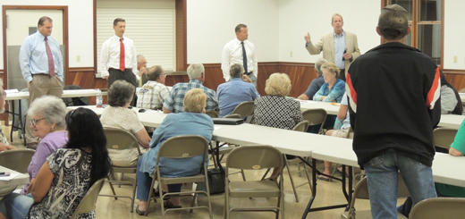 Armstrong County Commissioners Jason Renshaw, George Skamai and Pat Fabian and County Executive Director of Economic Development Mike Coonley answer questions about the Northpointe Industrial Park of West Franklin Township resident Don Claypoole Thursday night.