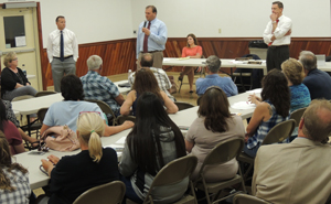 Commissioners (left to right) Pat Fabian, Jason Renshaw and George Skamai discussed the current exploratory sale of the Armstrong County Health Center during the majority of last night's town hall meeting at the Worthington-West Franklin Firehall.