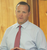 County Commissioner Chair Pat Fabian discusses economic development during last night's town hall meeting in Leechburg.