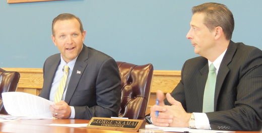 County Commissioners Pat Fabian and George Skamai discuss a potential LERTA ordinance for Plumcreek Township residents at yesterday afternoon's public meeting. The ordinance was approved unanimously and will now be voted on by the Armstrong School District