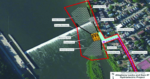 A project map shows the location of the newly-proposed hydroelectric power generating plant that Rye Development wants to build on the Allegheny River in Kittanning Borough.