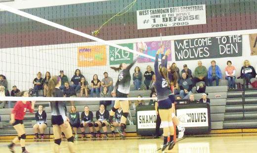 Katie Glover tips one over the net against Penns Manor as the Wolves defeated the Comets in three straight sets to remain undefeated at 12-0 on the season.