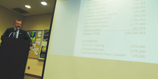 Reynolds Building Solutions Project Development Director Michael Conchilla updated Armstrong School District board directors last night about renovations to Shannock Valley Elementary School this summer. Bidding documents will go into the hands of prospective contractors this Friday.